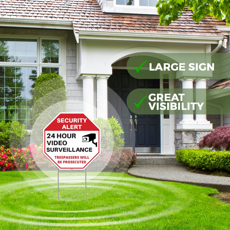Venicor 2PC 24 Hour Video Surveillance Sign with Stakes, 12"x12" - Corrugated Plastic - No Trespassing Signs for Home Outdoor Yard - Private Property Security Camera Alert Warning - Image 4